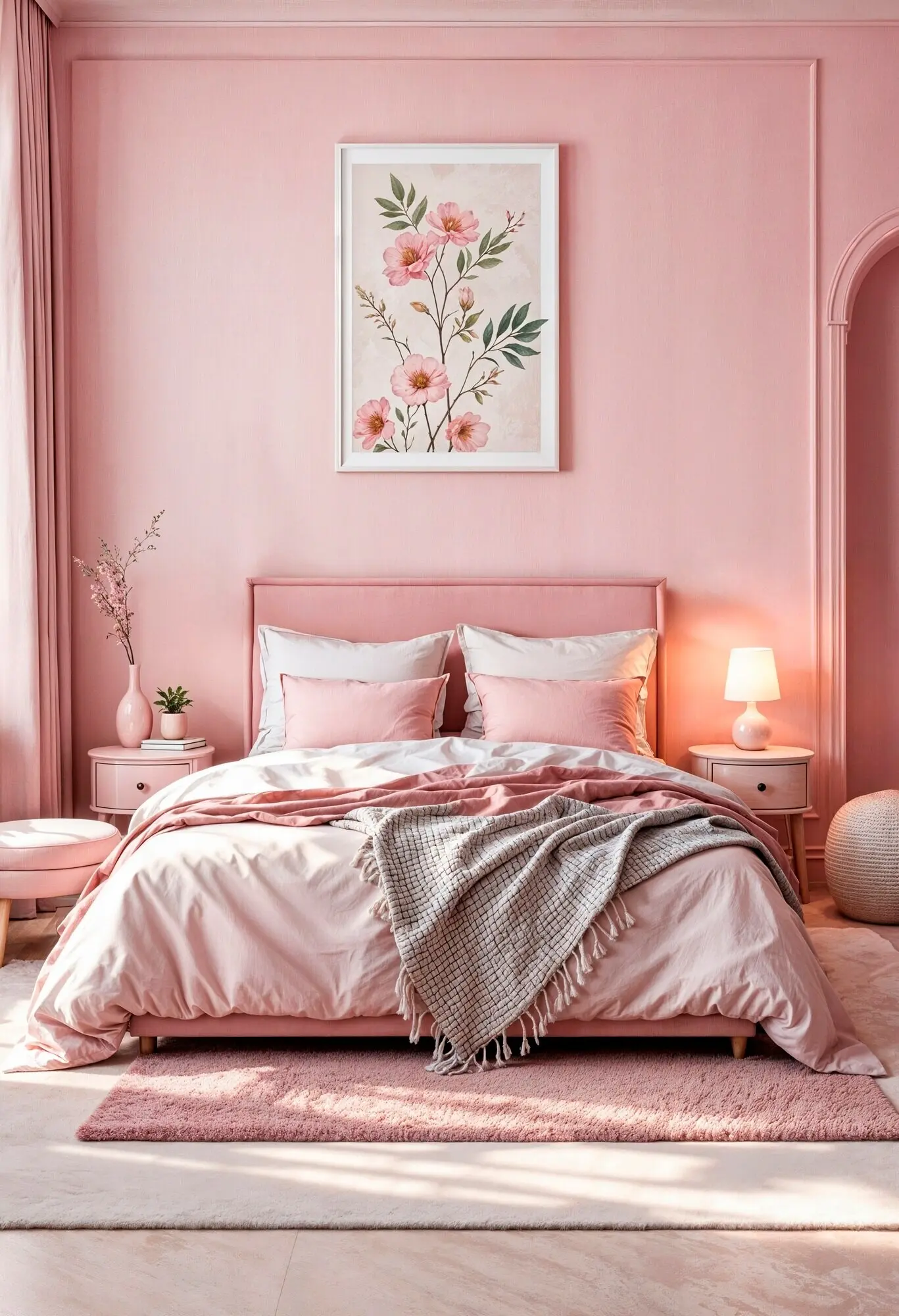 Pinkes Schlafzimmer-Interieur mit floraler Kunst.